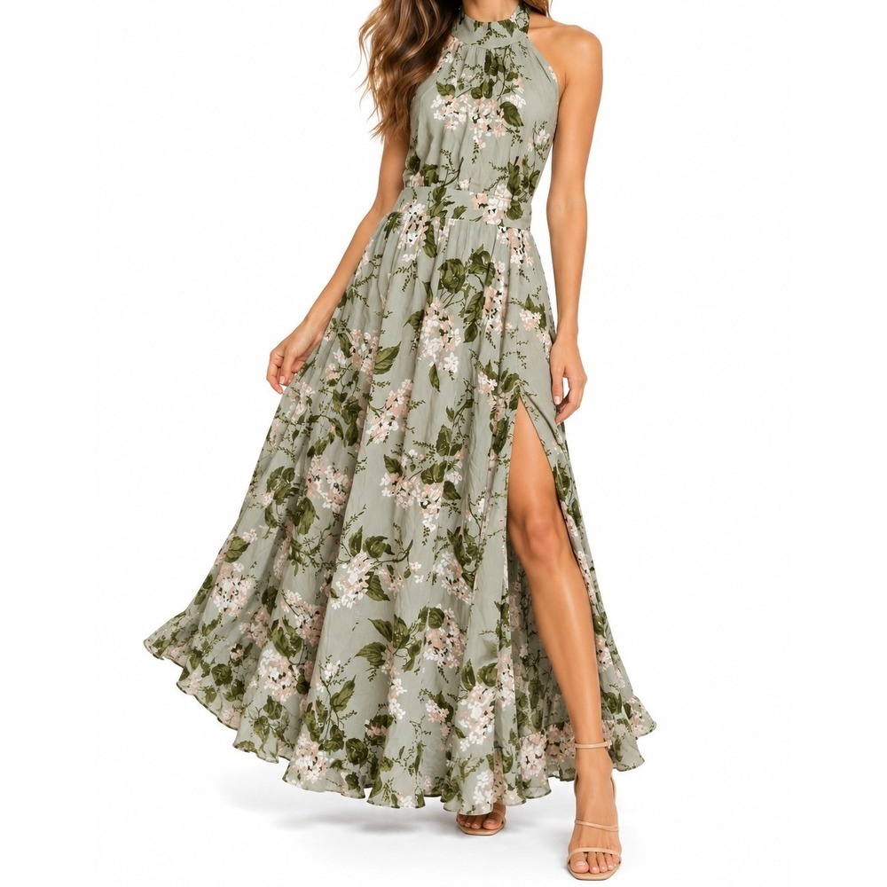 Reformation Maxi Dress Halter Open Back Floral Viscose Sage Green Size Large